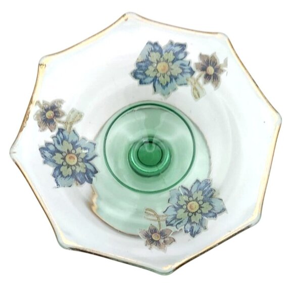 Vintage Green Glass Floral Bon Bon Candy Dish Pedistal Plate Gold Trim - Picture 2 of 6